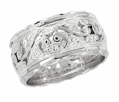 10mm Wide Filigree Engraved Scrolls Antique Wedding Band in 14 Karat White Gold