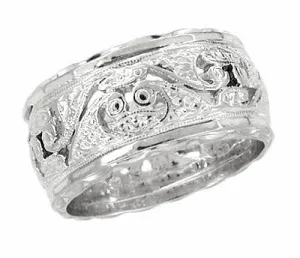 10mm Wide Filigree Engraved Scrolls Antique Wedding Band in 14 Karat White Gold