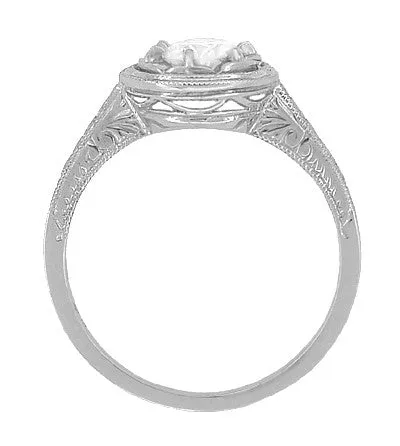 1/2 Carat Diamond Art Deco Solitaire Halo Engagement Ring in White Gold | Vintage 1930's Design