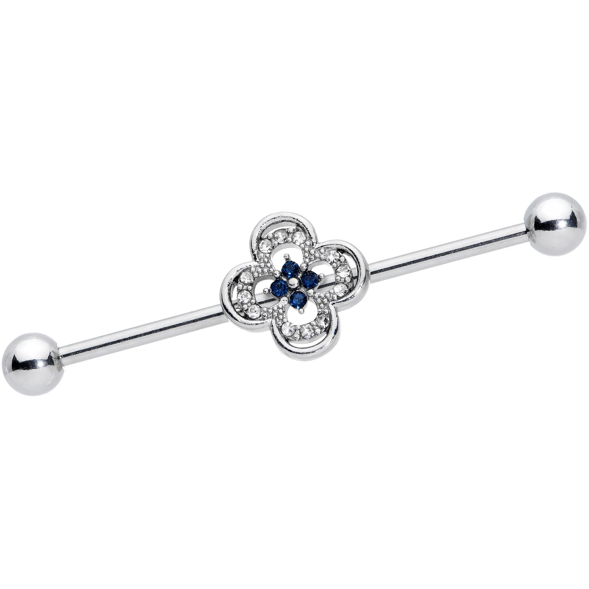 14 Gauge Blue Gem Stylized Deco Cross Industrial Barbell 38mm