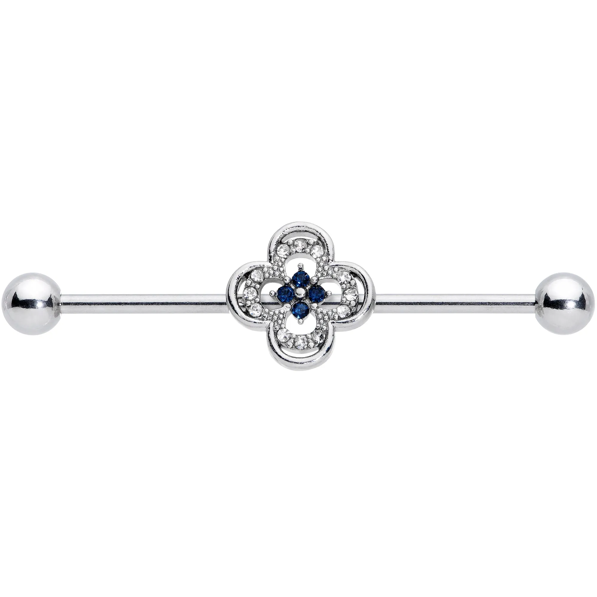 14 Gauge Blue Gem Stylized Deco Cross Industrial Barbell 38mm
