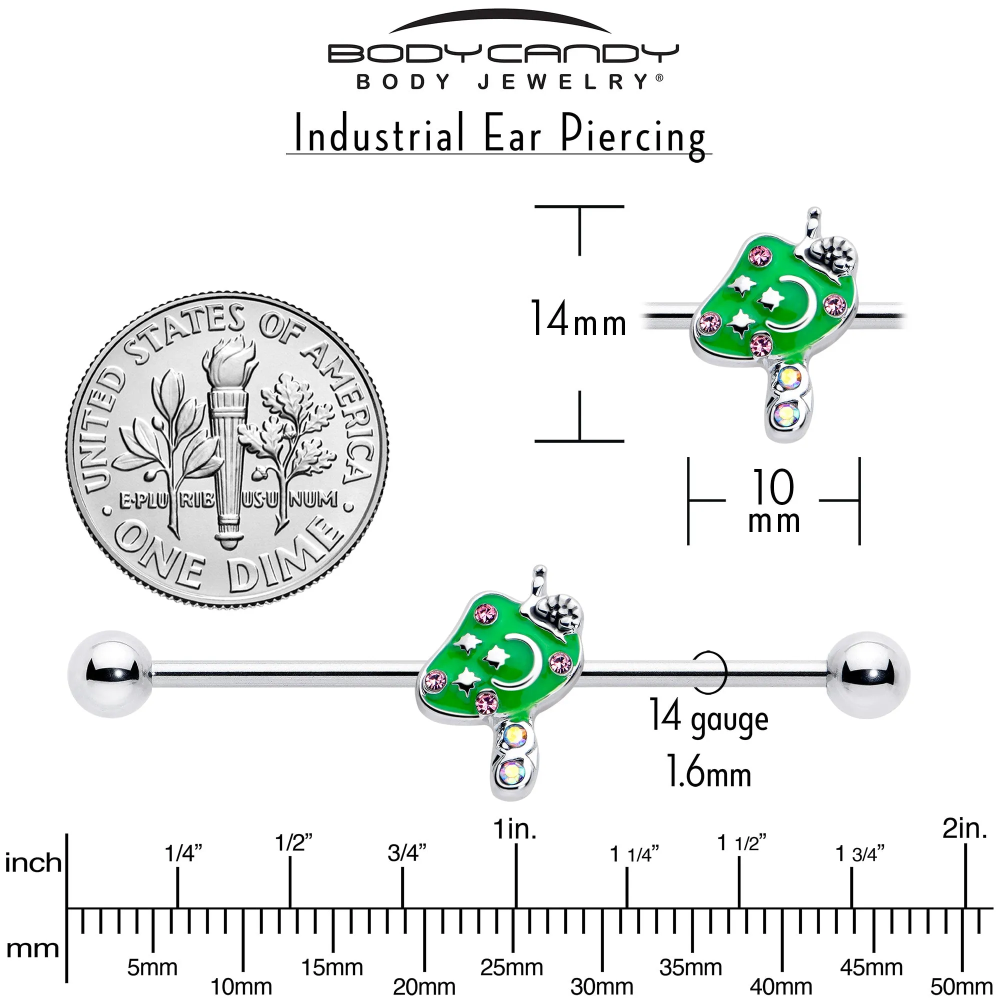14 Gauge Pink Gem Fanciful Green Mushroom Industrial Barbell 38mm