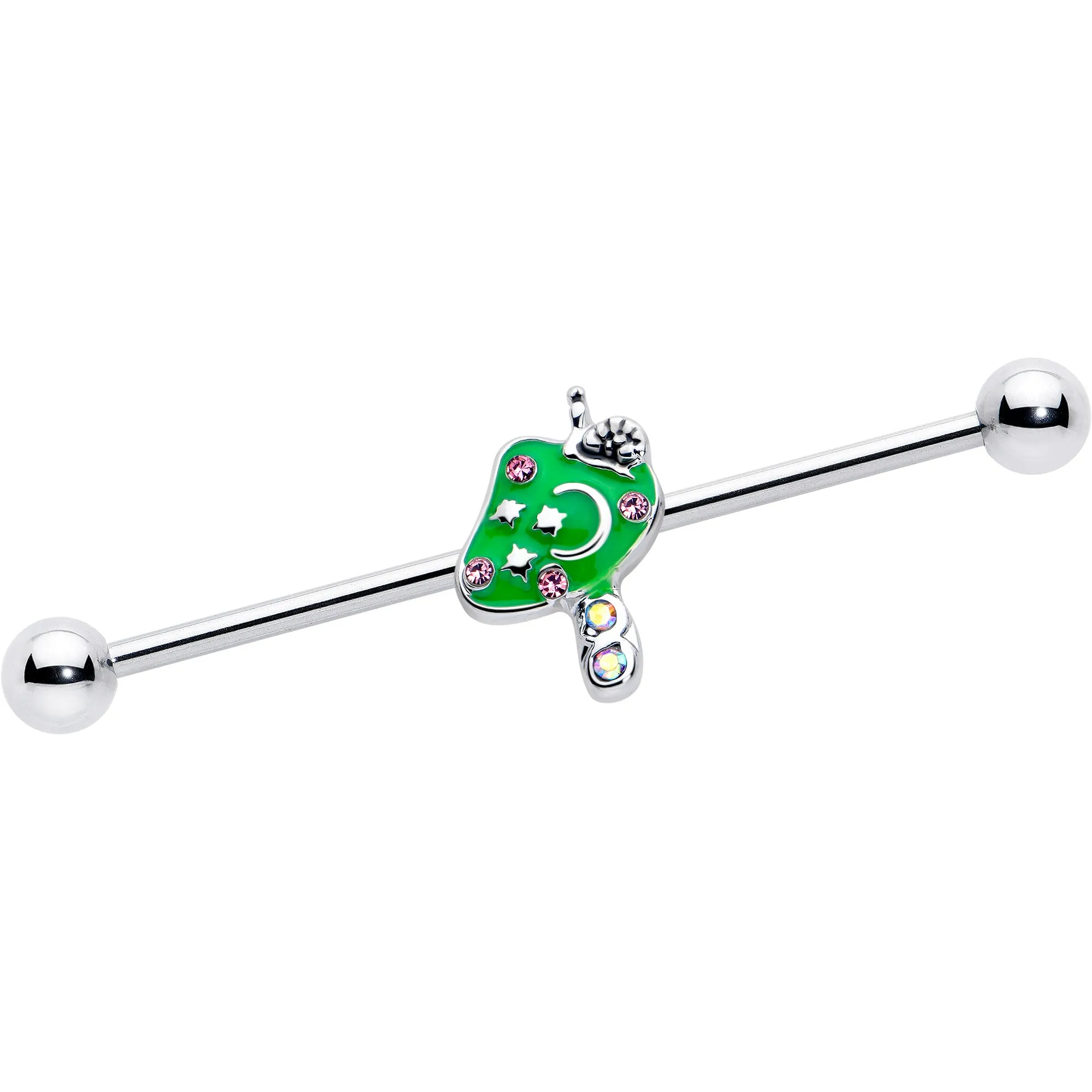 14 Gauge Pink Gem Fanciful Green Mushroom Industrial Barbell 38mm