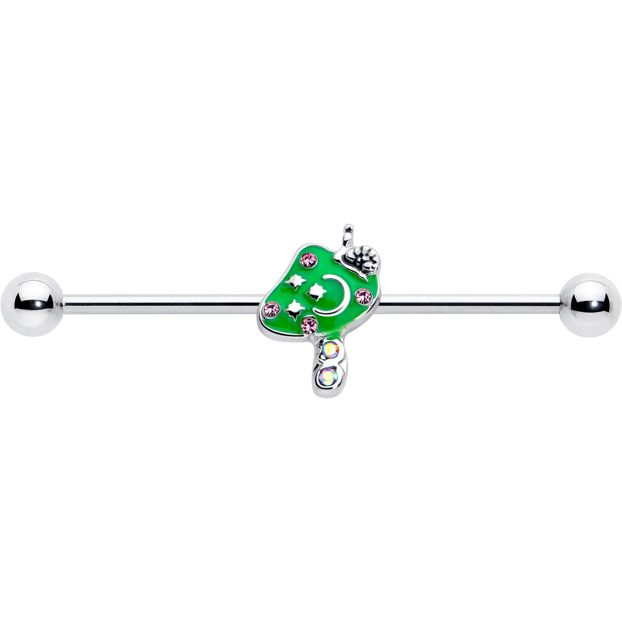 14 Gauge Pink Gem Fanciful Green Mushroom Industrial Barbell 38mm