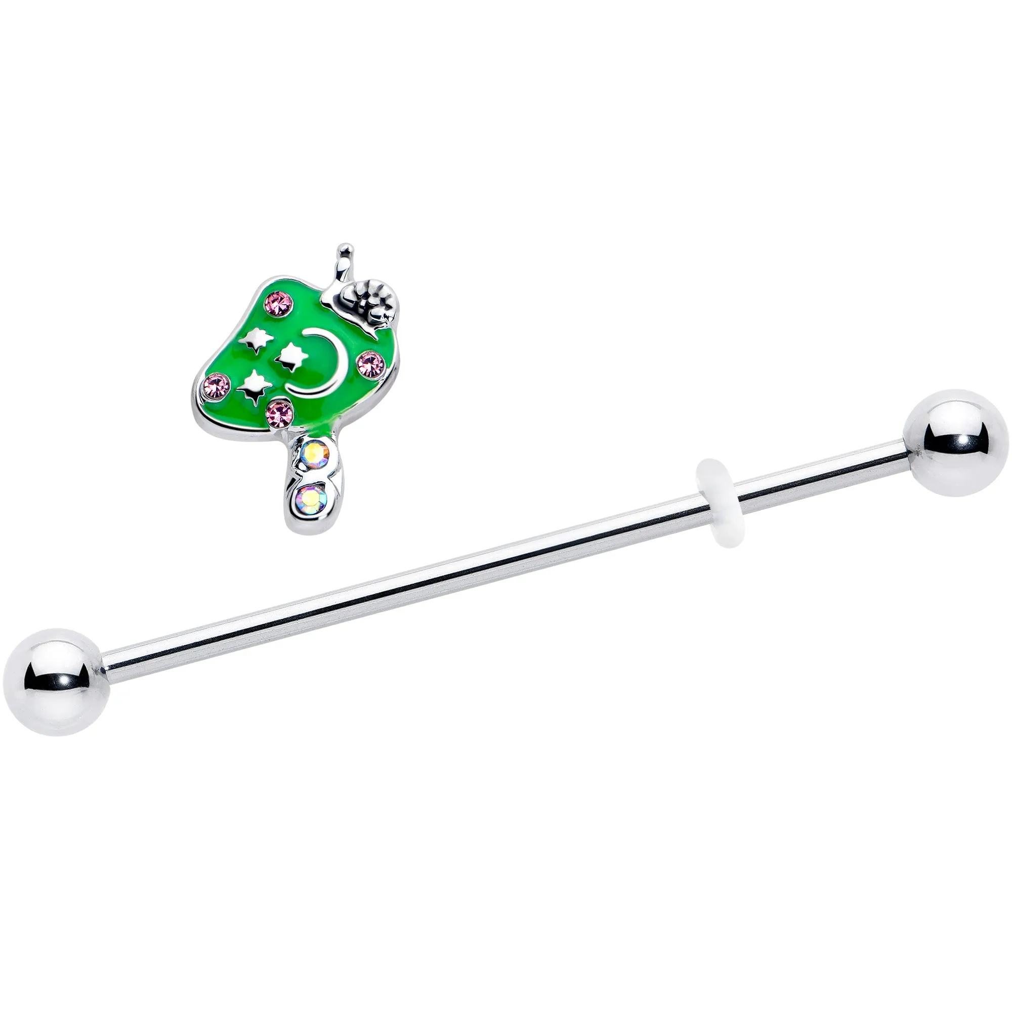 14 Gauge Pink Gem Fanciful Green Mushroom Industrial Barbell 38mm