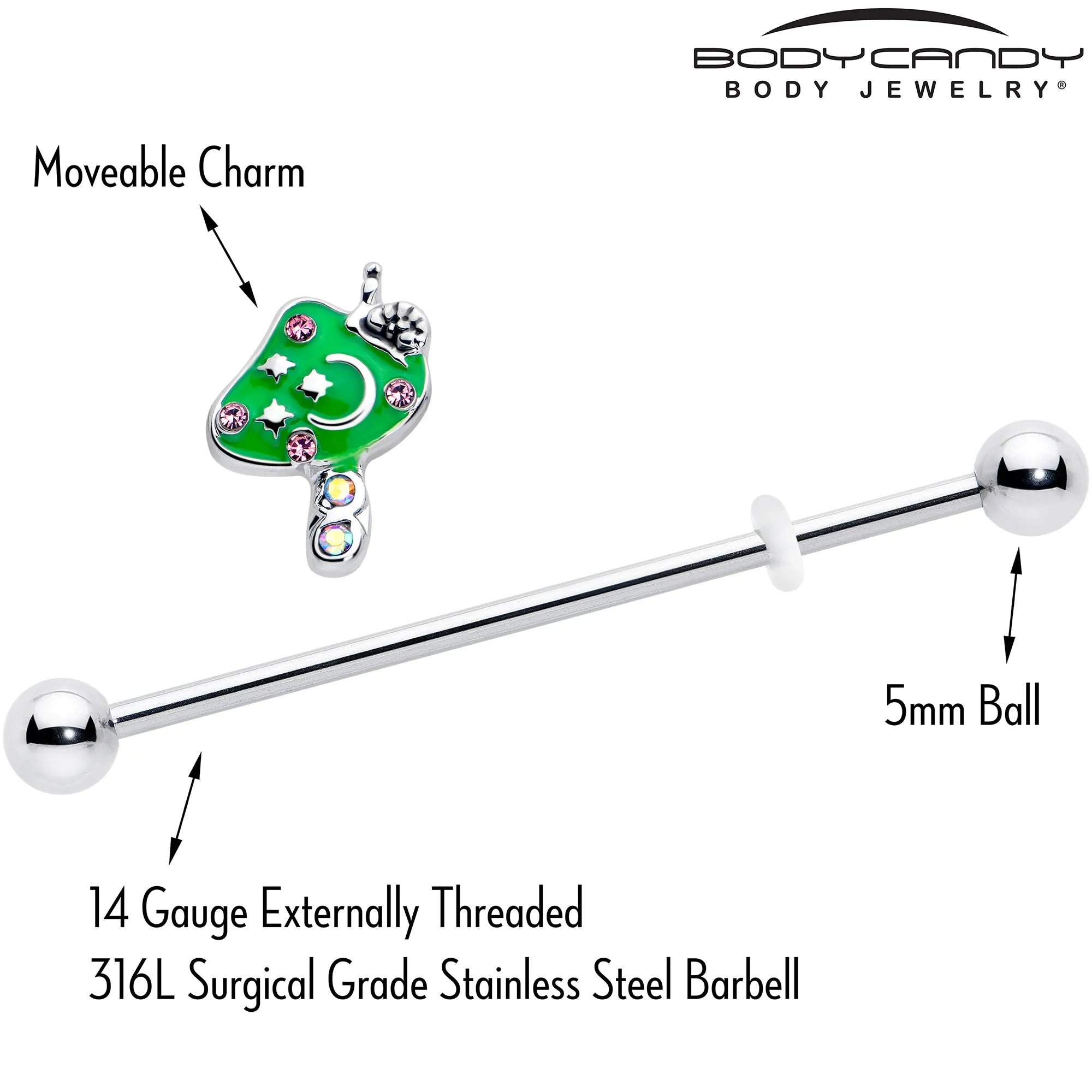 14 Gauge Pink Gem Fanciful Green Mushroom Industrial Barbell 38mm