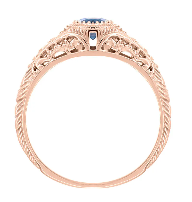 14 Karat Rose Gold Art Deco Filigree Lab Created Alexandrite Engagement Ring With Side Diamonds