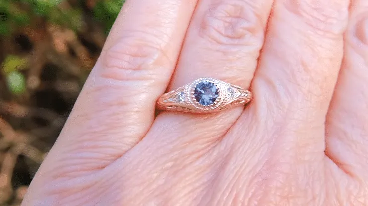 14 Karat Rose Gold Art Deco Filigree Lab Created Alexandrite Engagement Ring With Side Diamonds