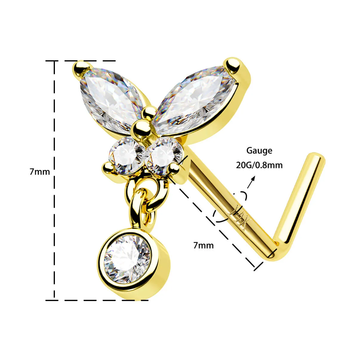 14K Solid Gold Butterfly L-Shaped Nose Stud