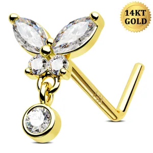 14K Solid Gold Butterfly L-Shaped Nose Stud