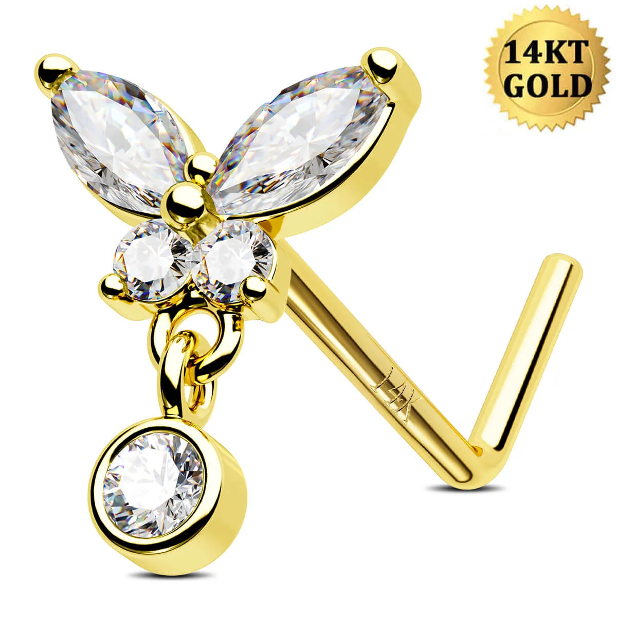 14K Solid Gold Butterfly L-Shaped Nose Stud