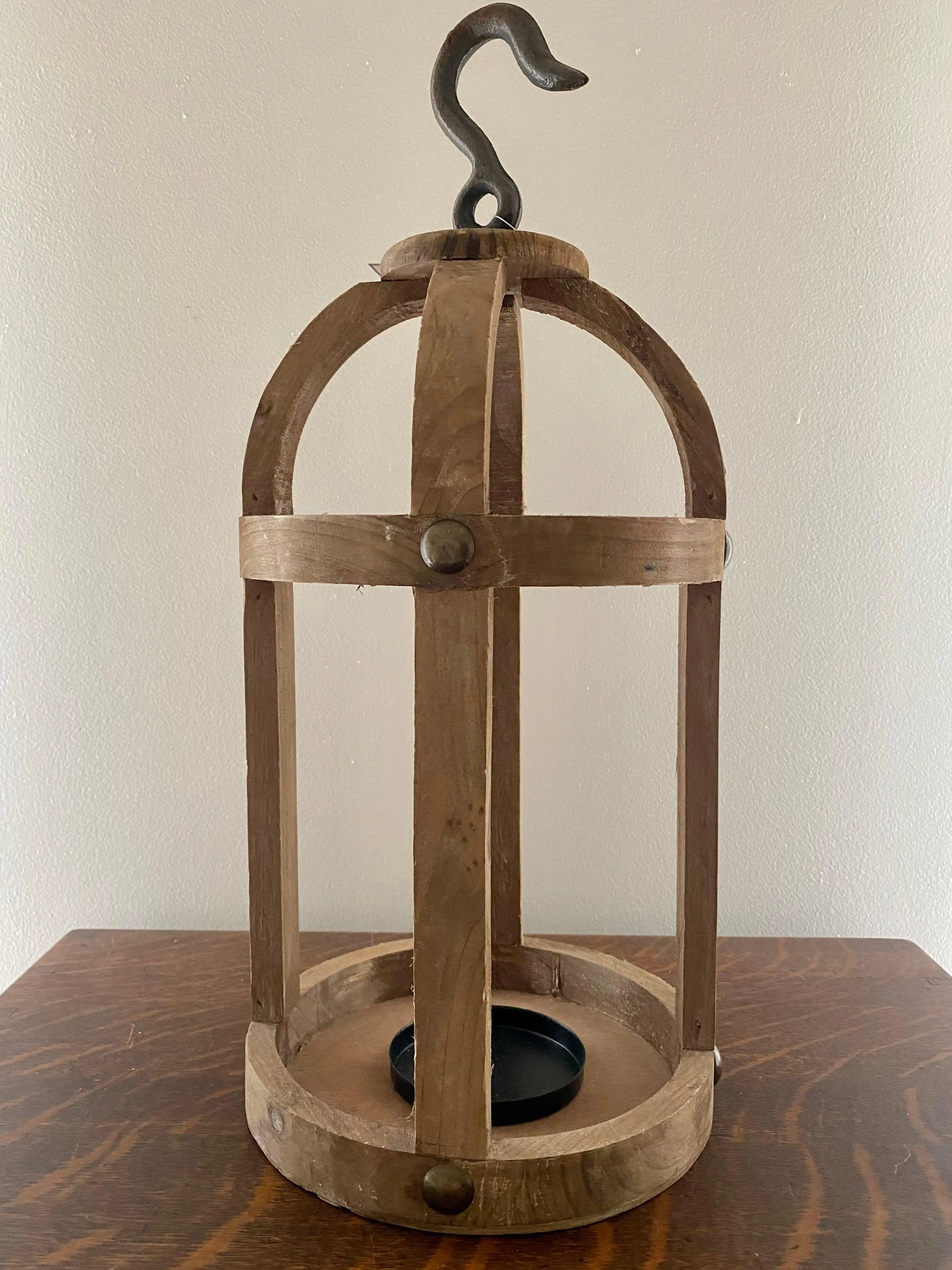 17" Wood Round Lantern with Hook Hanger