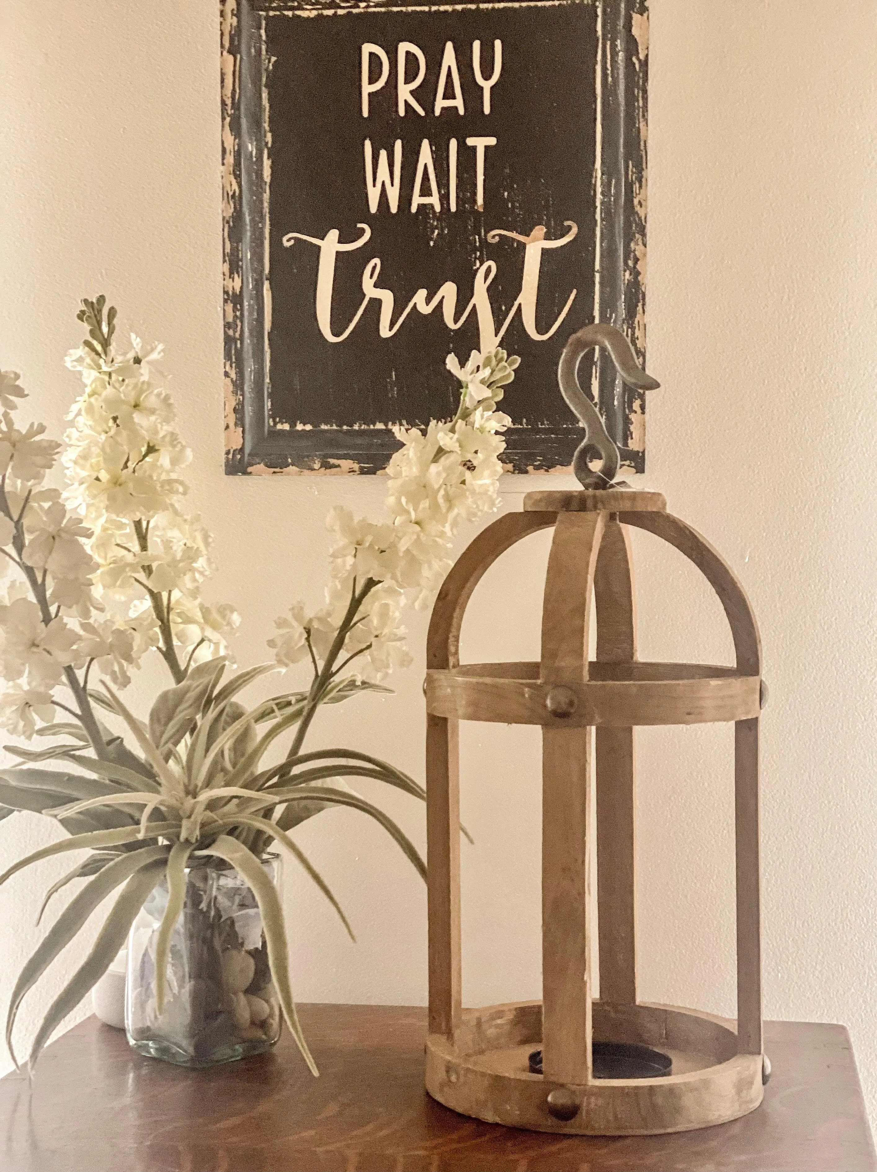 17" Wood Round Lantern with Hook Hanger