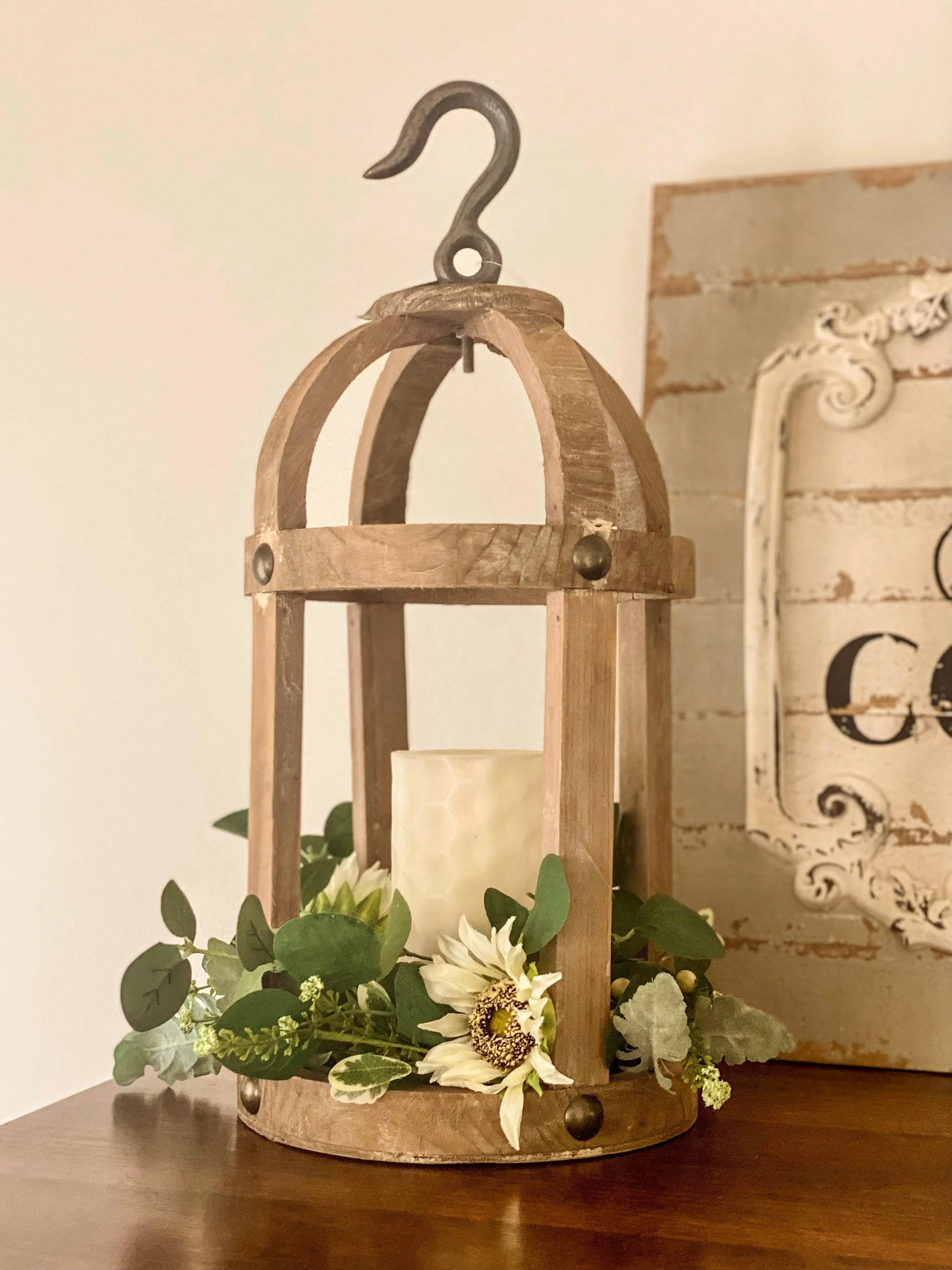 17" Wood Round Lantern with Hook Hanger