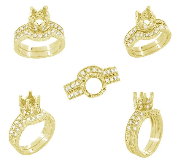 18 Karat Yellow Gold Art Deco Engraved Wheat and Scrolls Curved Hugger Diamond Wedding Band