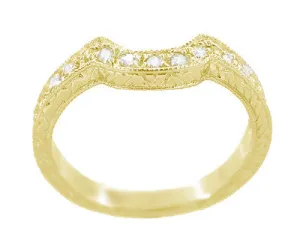 18 Karat Yellow Gold Art Deco Engraved Wheat and Scrolls Curved Hugger Diamond Wedding Band