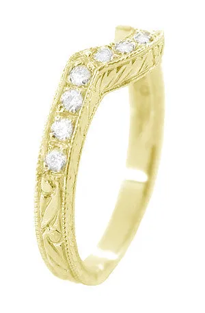 18 Karat Yellow Gold Art Deco Engraved Wheat and Scrolls Curved Hugger Diamond Wedding Band
