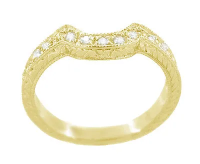 18 Karat Yellow Gold Art Deco Engraved Wheat and Scrolls Curved Hugger Diamond Wedding Band