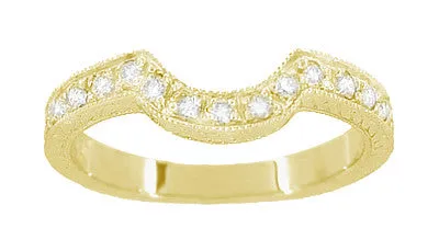18 Karat Yellow Gold Art Deco Engraved Wheat and Scrolls Curved Hugger Diamond Wedding Band