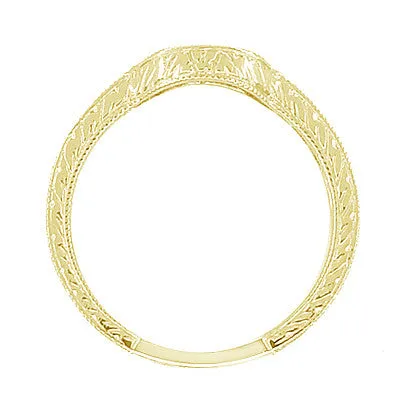 18 Karat Yellow Gold Art Deco Engraved Wheat and Scrolls Curved Hugger Diamond Wedding Band