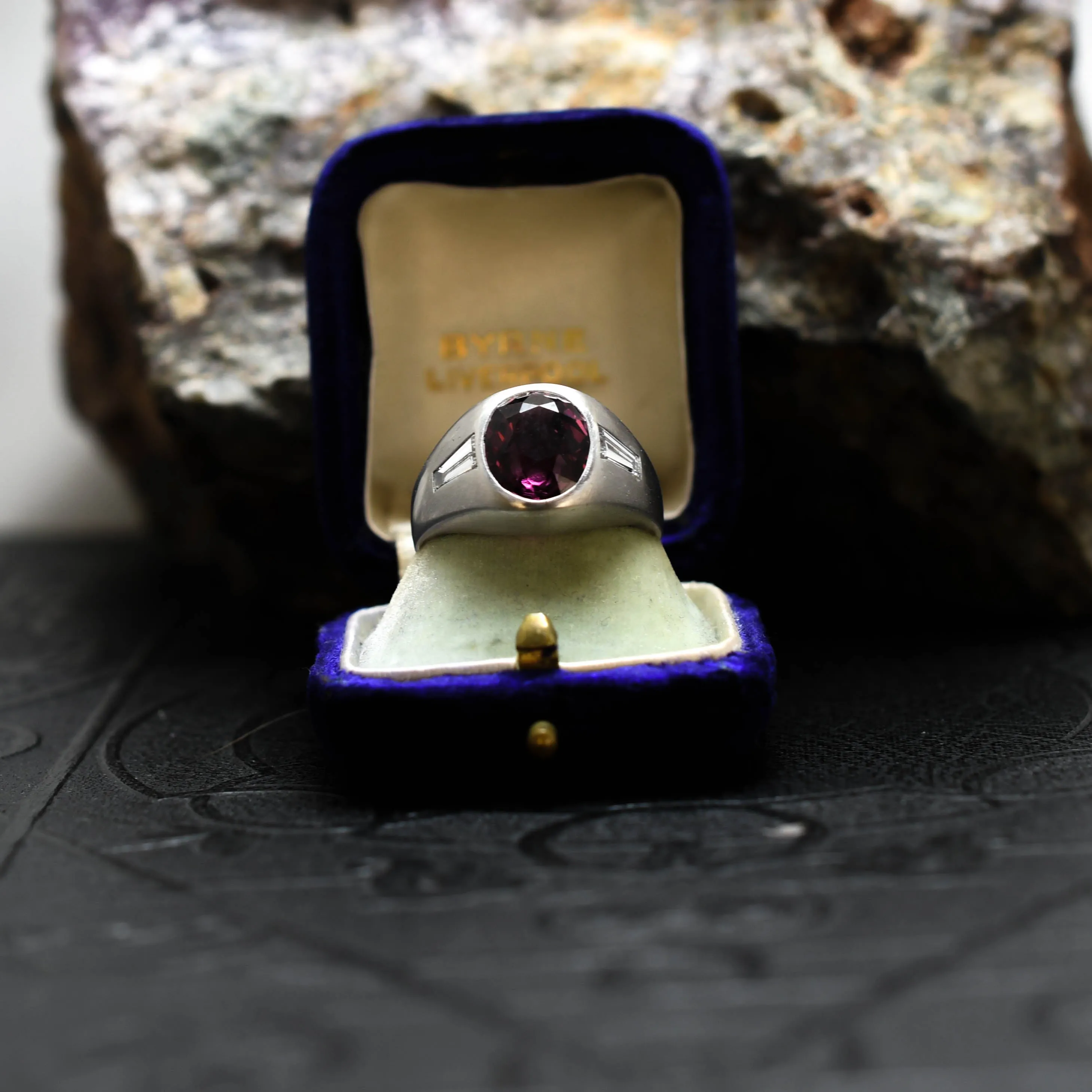 1920's Art Deco Platinum Garnet and Diamond Signet Ring