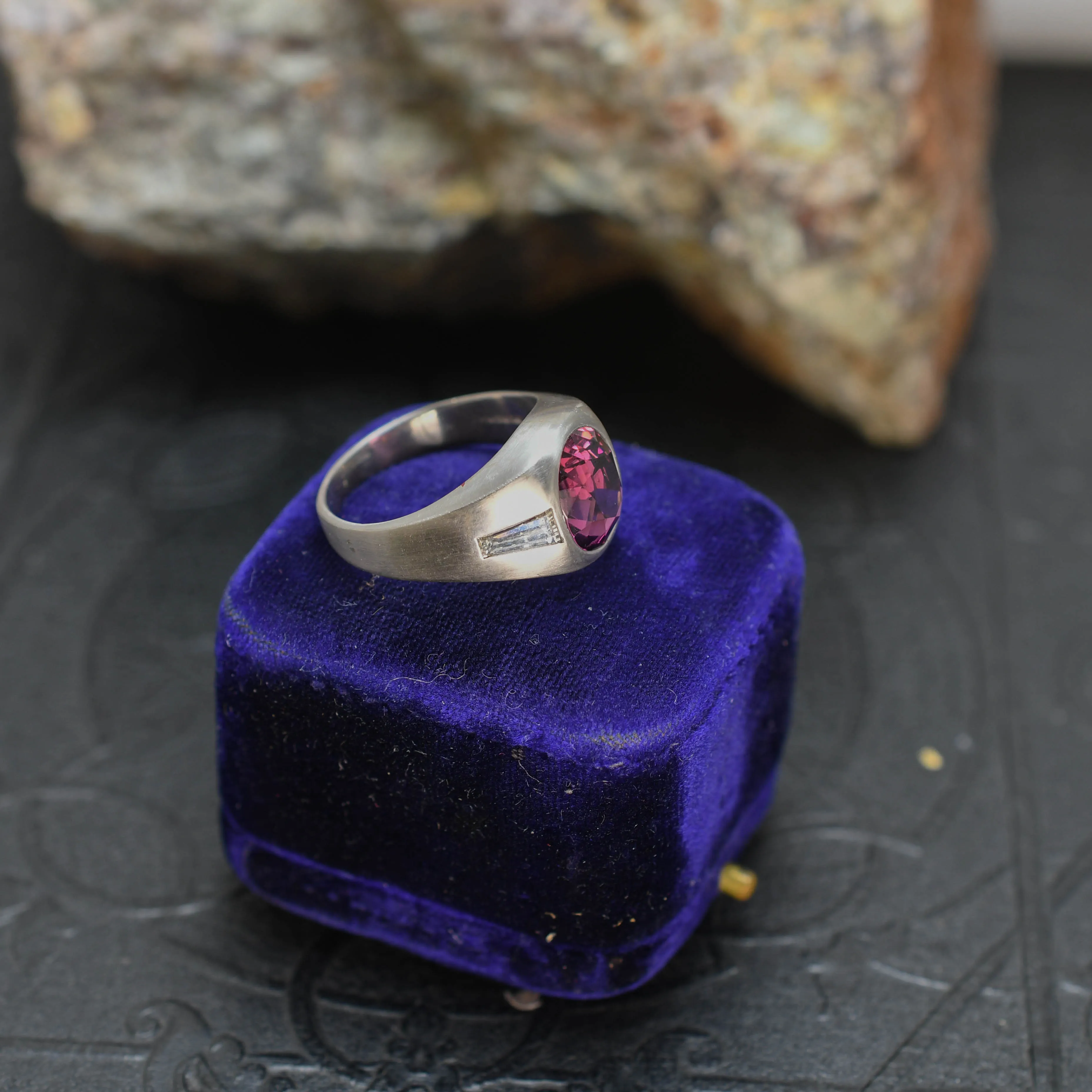 1920's Art Deco Platinum Garnet and Diamond Signet Ring