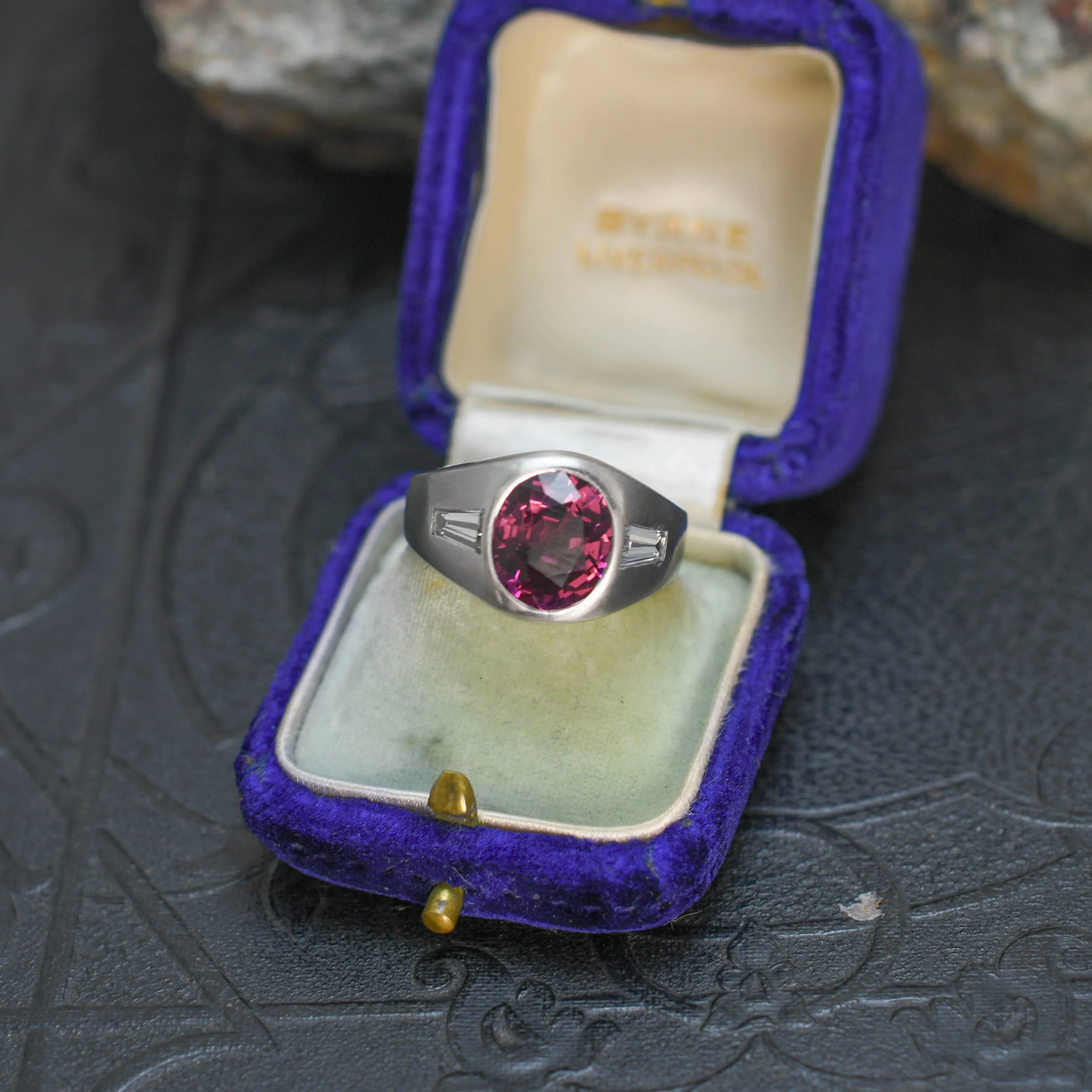 1920's Art Deco Platinum Garnet and Diamond Signet Ring