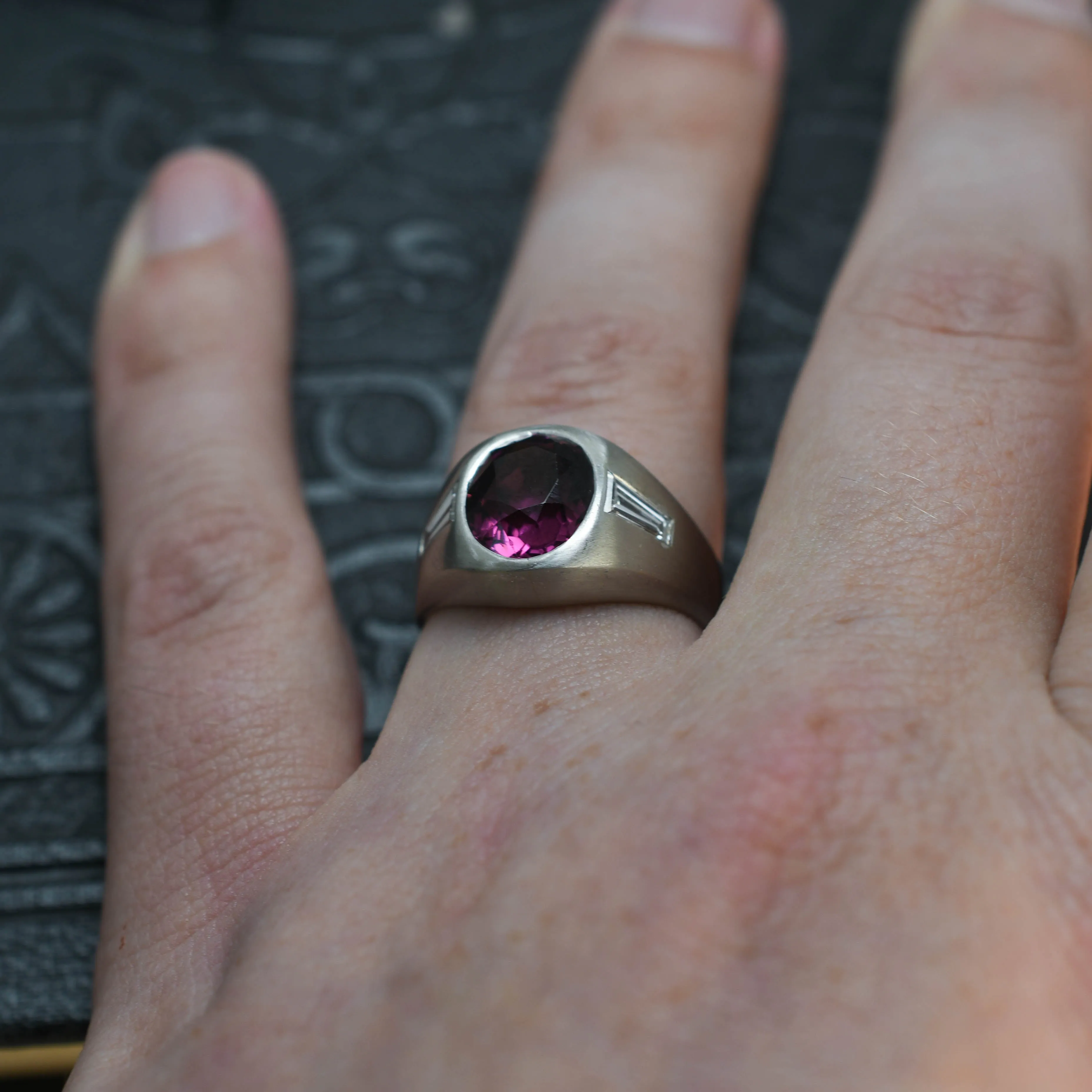 1920's Art Deco Platinum Garnet and Diamond Signet Ring