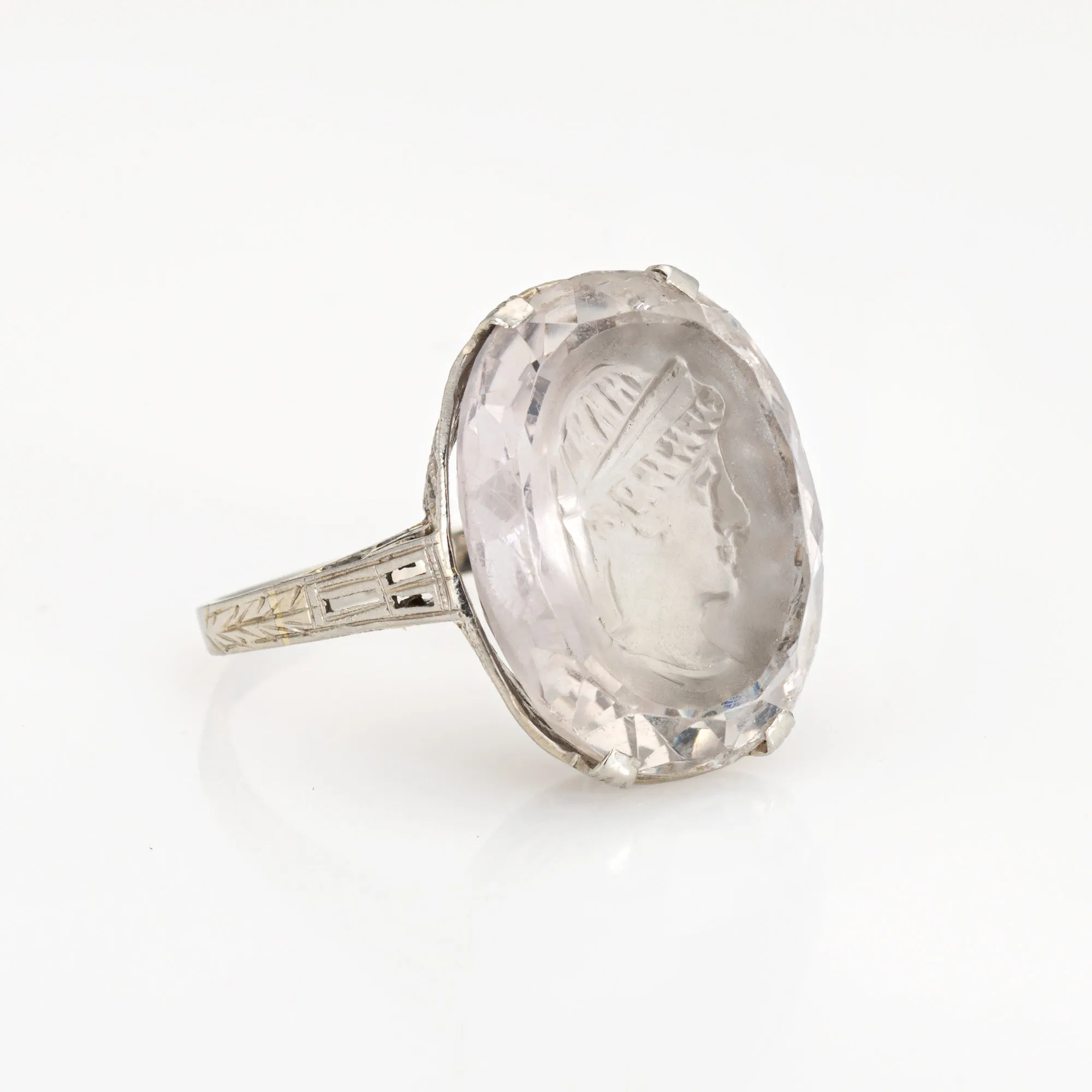 1920s Art Deco Rock Crystal Intaglio Ring Vintage 18k White Gold Sz 5.75 Jewelry