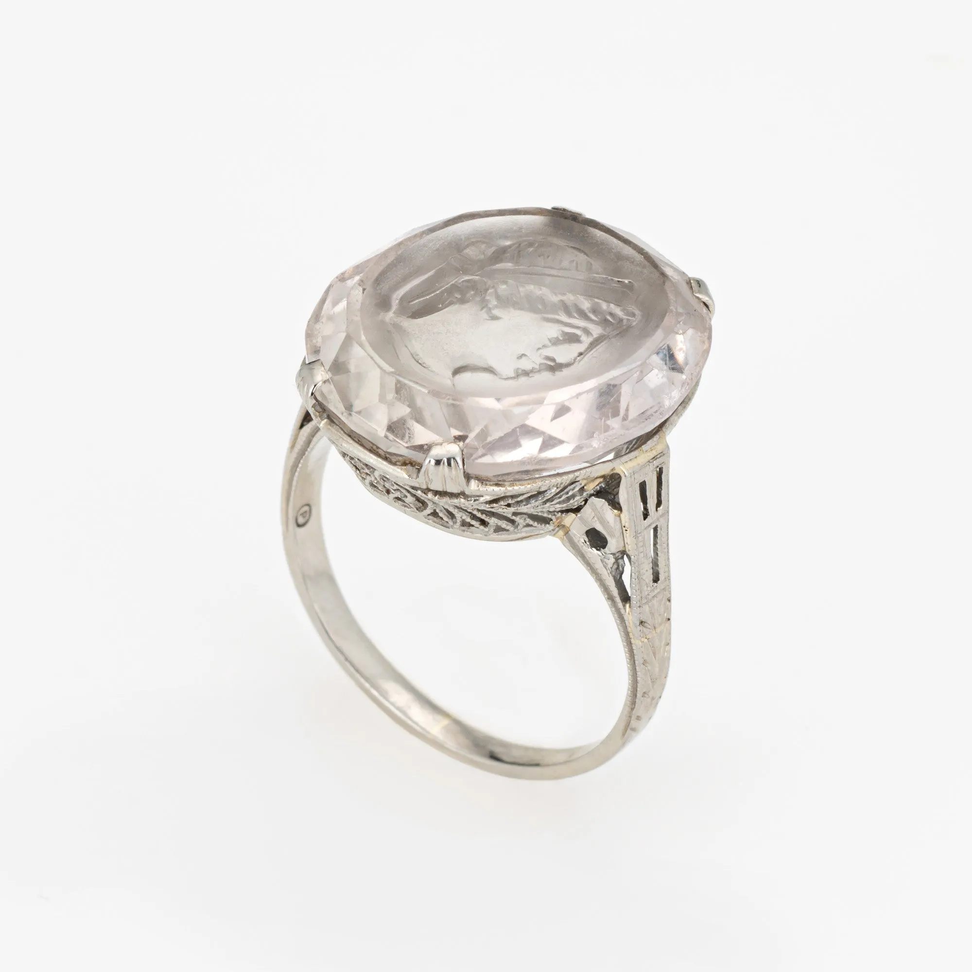 1920s Art Deco Rock Crystal Intaglio Ring Vintage 18k White Gold Sz 5.75 Jewelry