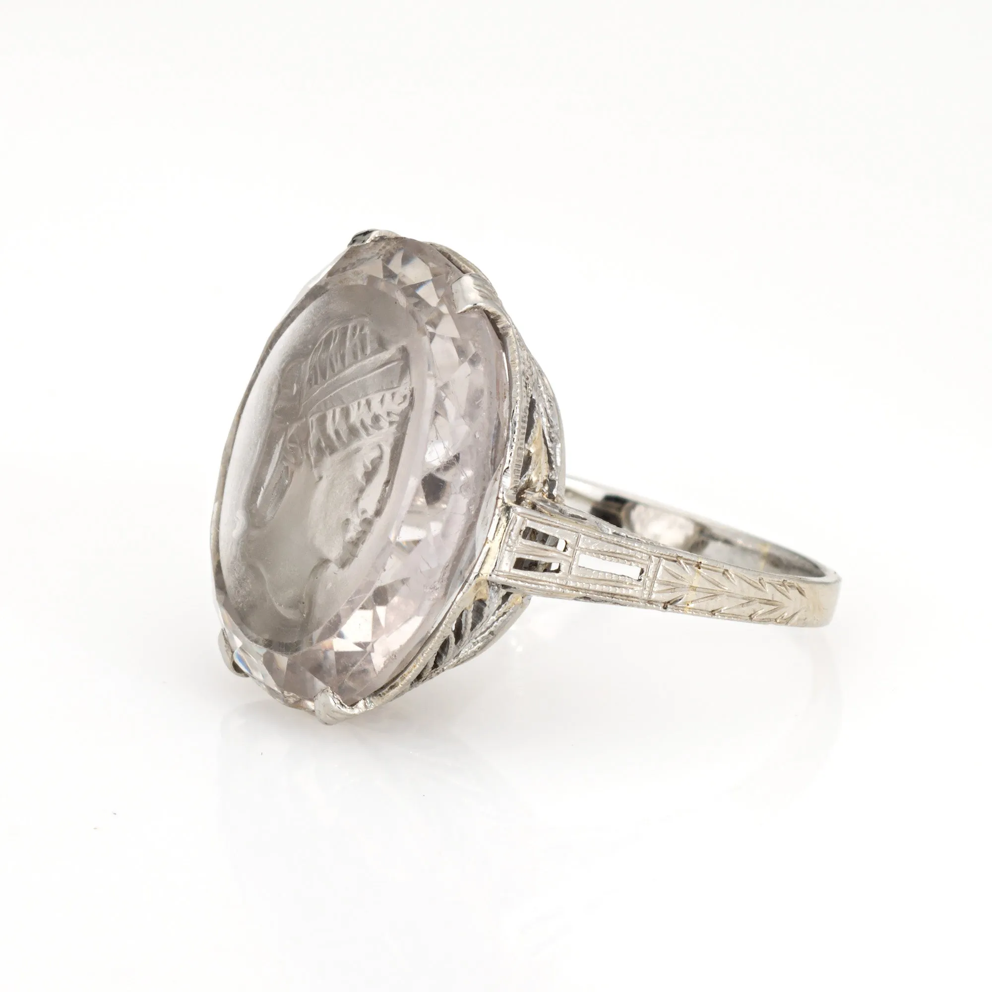 1920s Art Deco Rock Crystal Intaglio Ring Vintage 18k White Gold Sz 5.75 Jewelry
