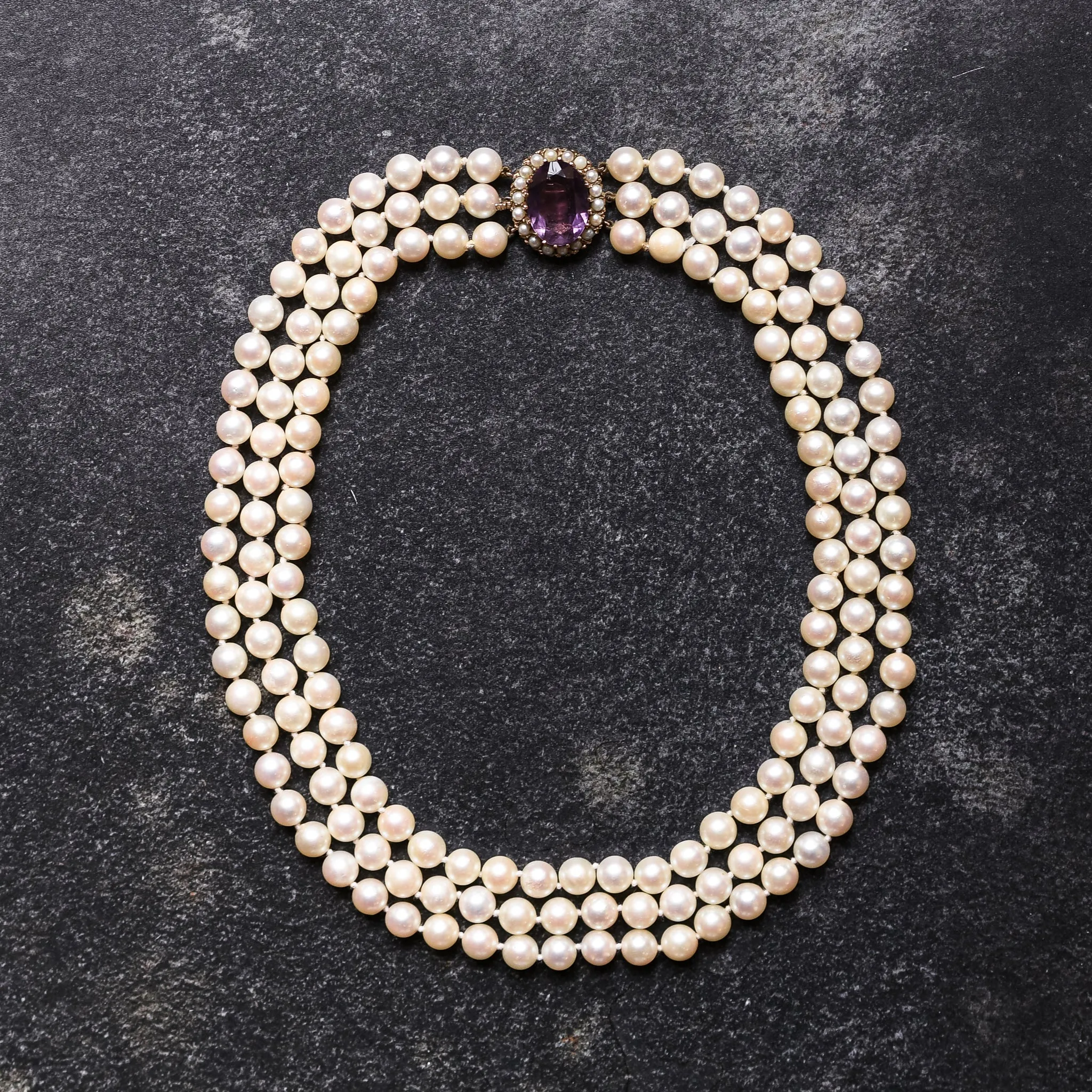 1920's Three Strand Pearl Necklace with Amethyst Clasp