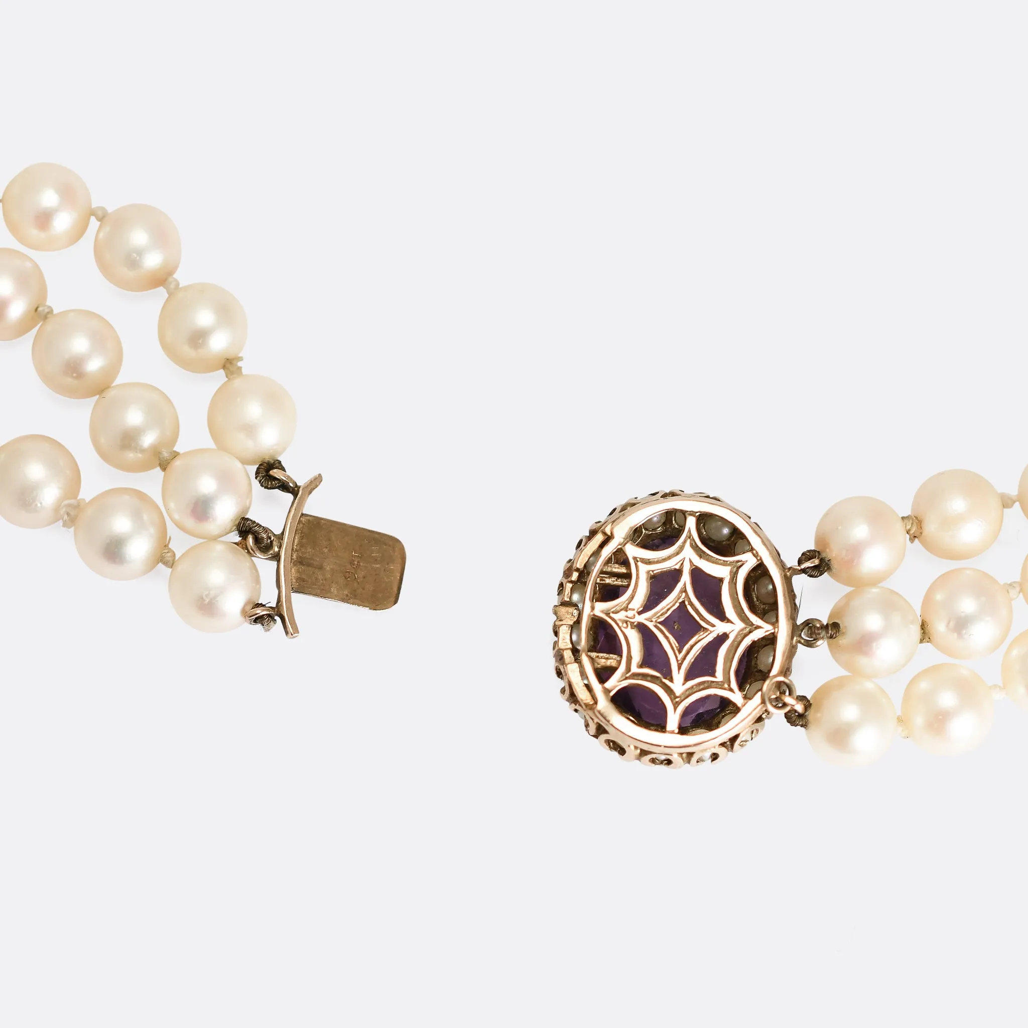 1920's Three Strand Pearl Necklace with Amethyst Clasp