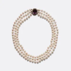 1920's Three Strand Pearl Necklace with Amethyst Clasp