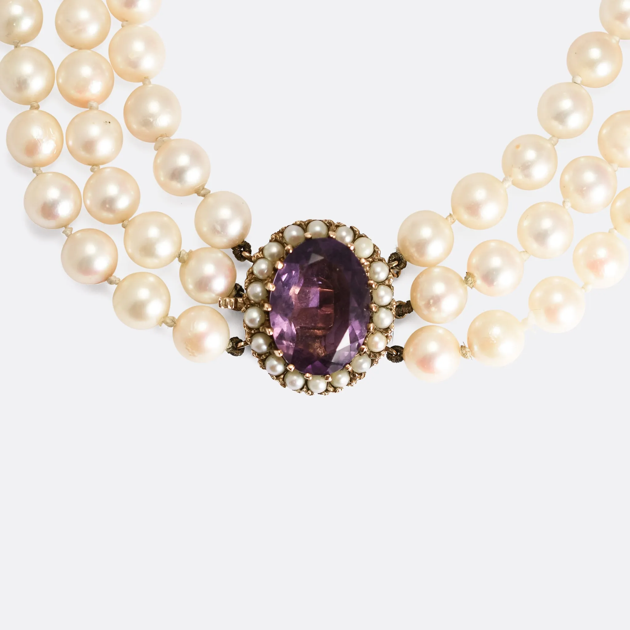 1920's Three Strand Pearl Necklace with Amethyst Clasp