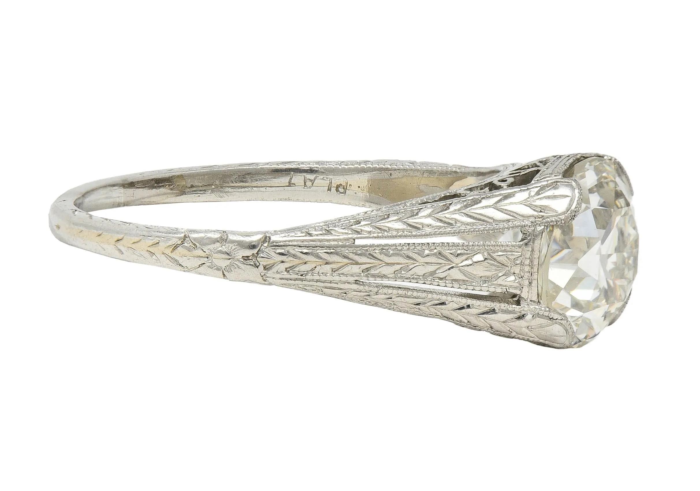 1922 Art Deco 1.79 CTW Old European Diamond Platinum Scrolled Lotus Antique Engagement Ring