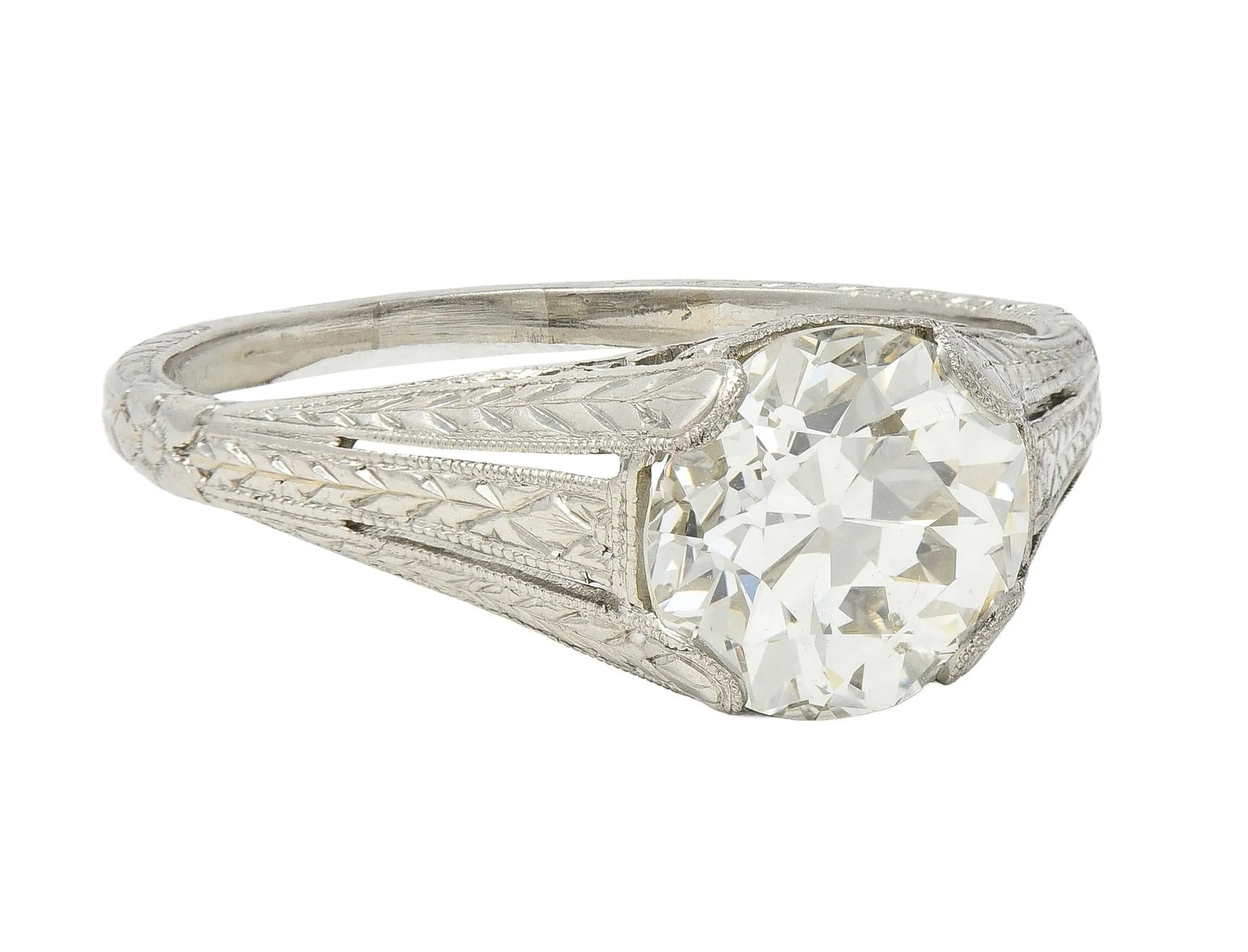 1922 Art Deco 1.79 CTW Old European Diamond Platinum Scrolled Lotus Antique Engagement Ring