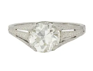 1922 Art Deco 1.79 CTW Old European Diamond Platinum Scrolled Lotus Antique Engagement Ring