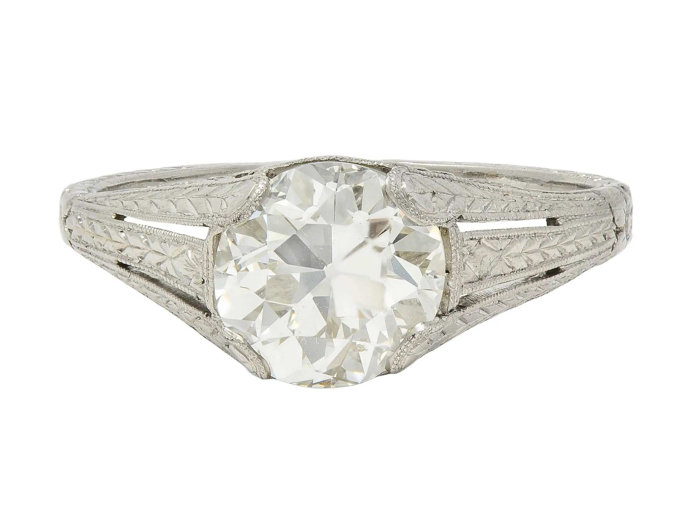 1922 Art Deco 1.79 CTW Old European Diamond Platinum Scrolled Lotus Antique Engagement Ring