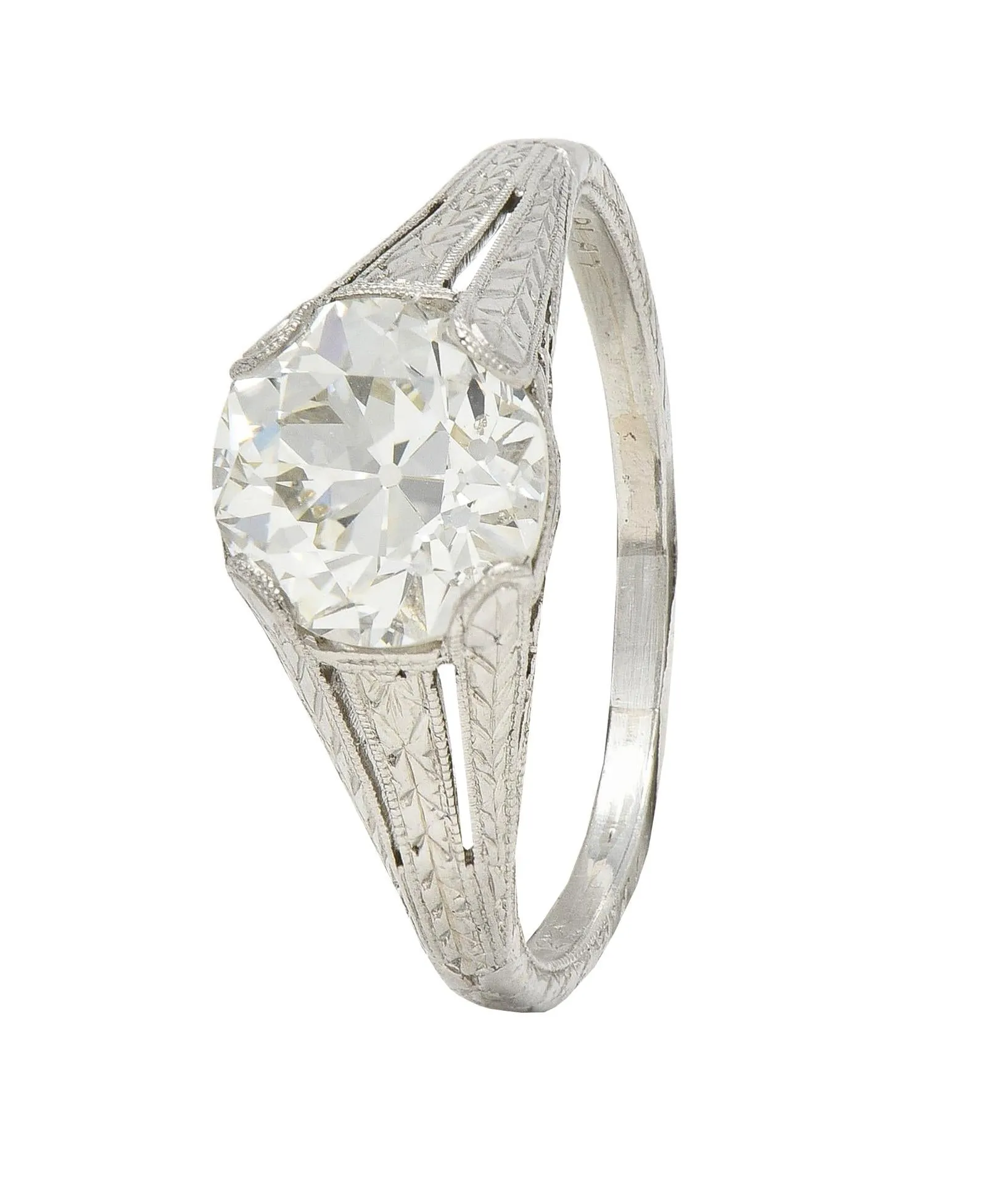 1922 Art Deco 1.79 CTW Old European Diamond Platinum Scrolled Lotus Antique Engagement Ring