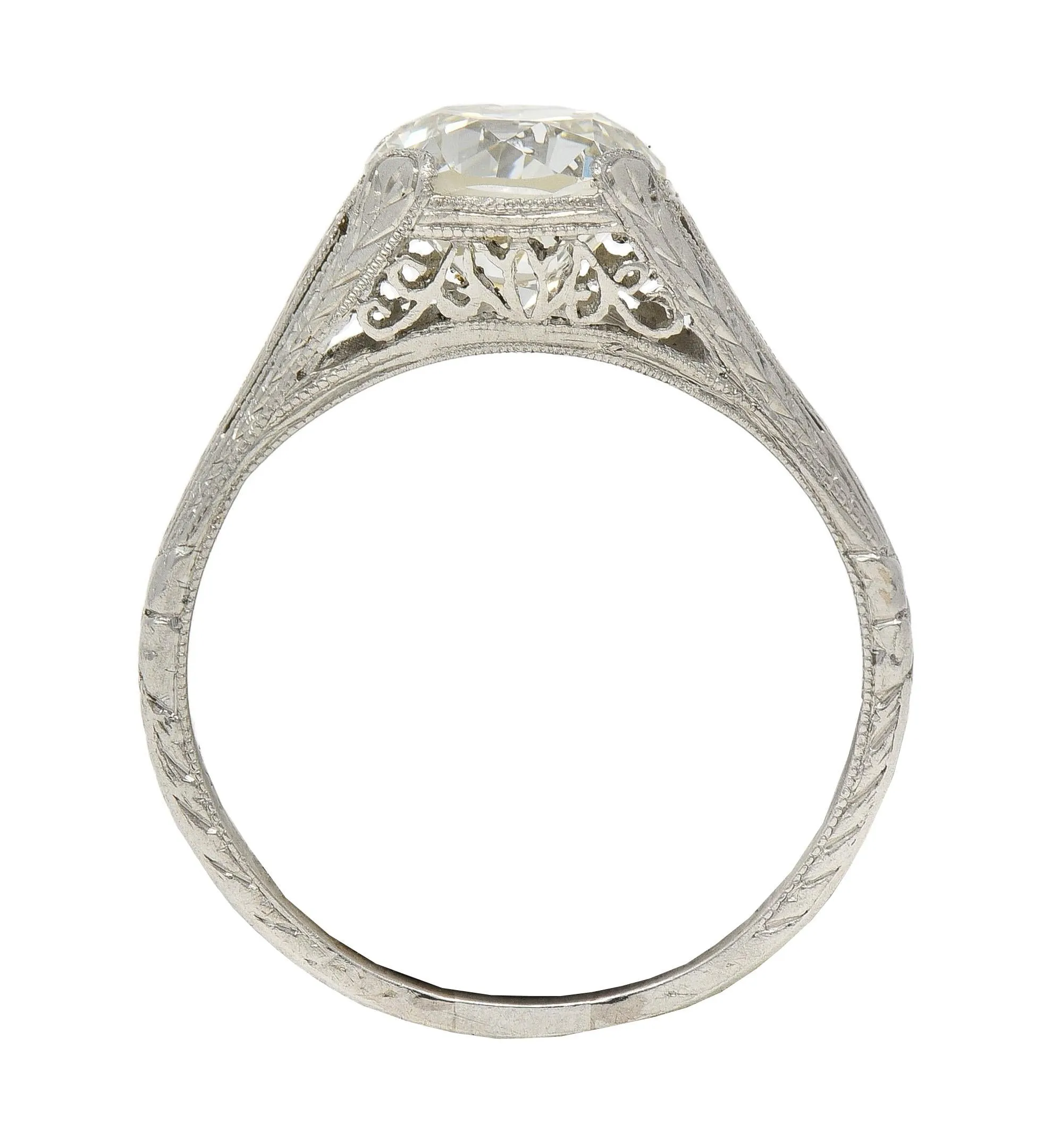 1922 Art Deco 1.79 CTW Old European Diamond Platinum Scrolled Lotus Antique Engagement Ring