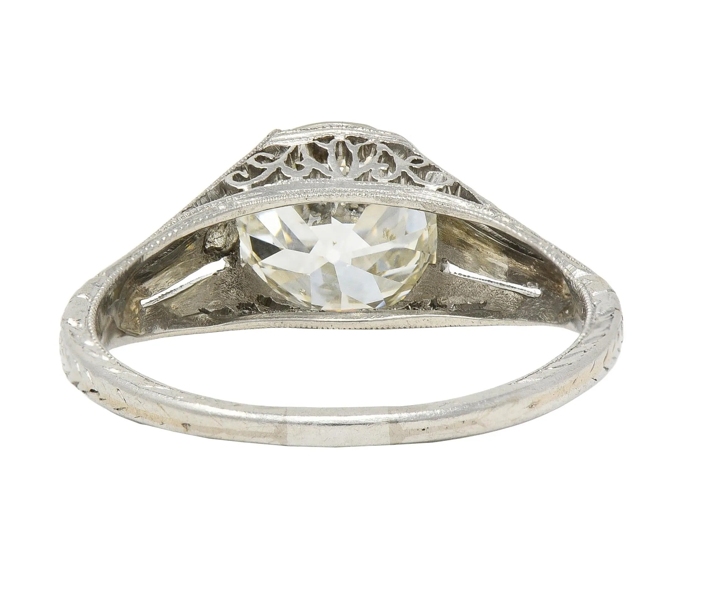1922 Art Deco 1.79 CTW Old European Diamond Platinum Scrolled Lotus Antique Engagement Ring