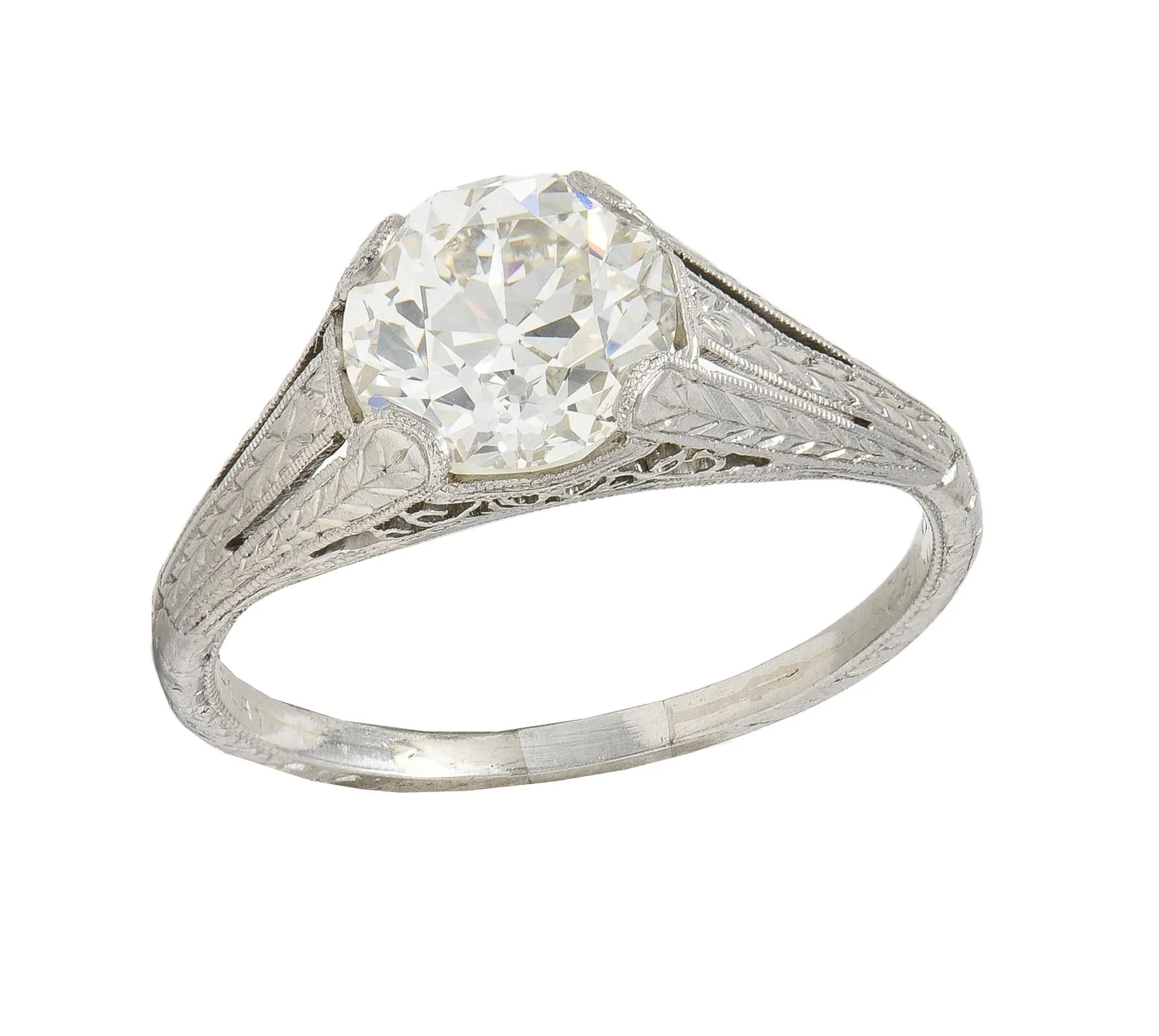 1922 Art Deco 1.79 CTW Old European Diamond Platinum Scrolled Lotus Antique Engagement Ring