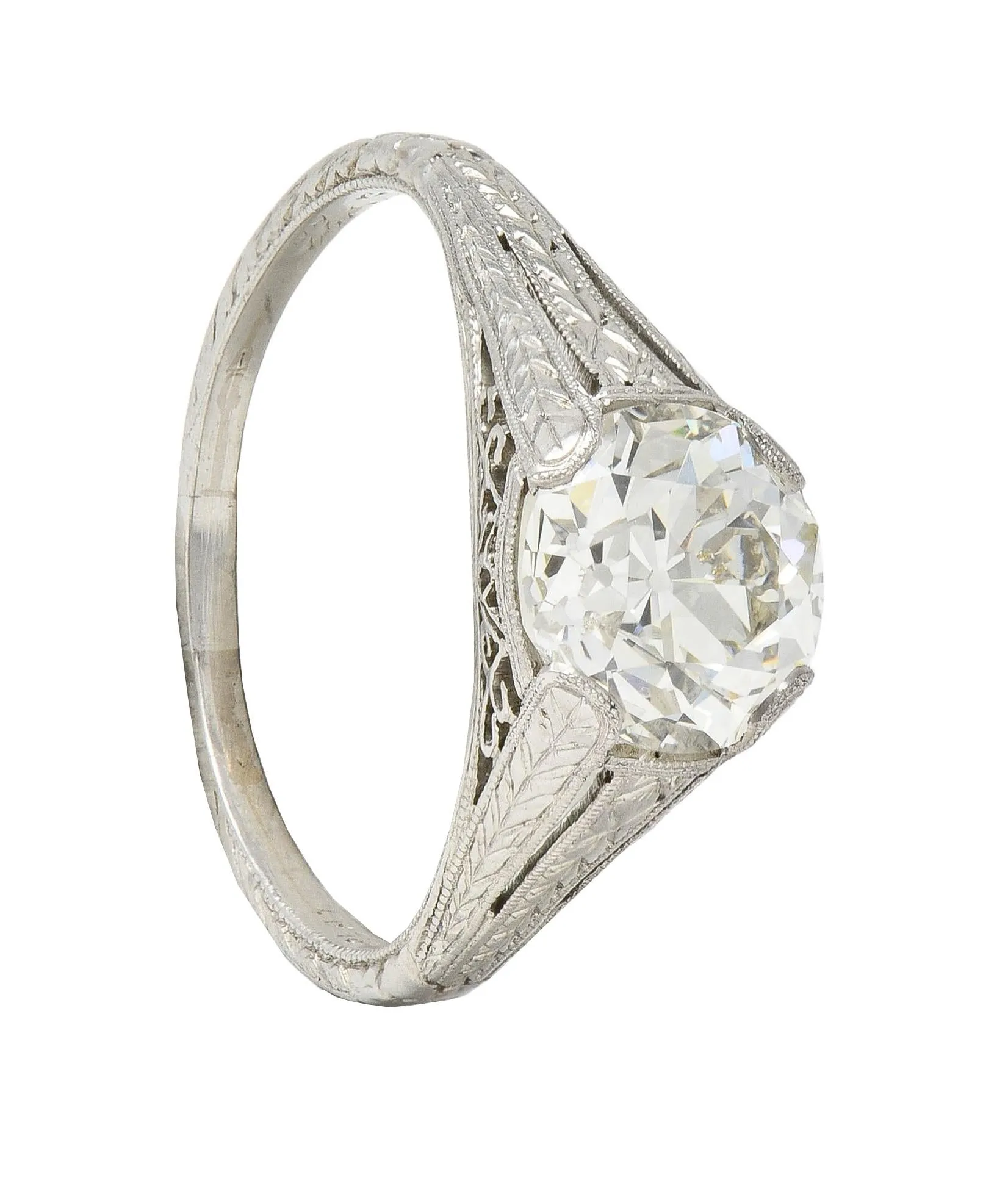 1922 Art Deco 1.79 CTW Old European Diamond Platinum Scrolled Lotus Antique Engagement Ring