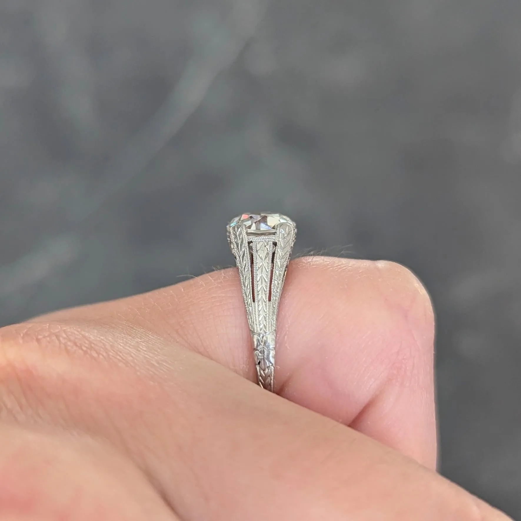 1922 Art Deco 1.79 CTW Old European Diamond Platinum Scrolled Lotus Antique Engagement Ring