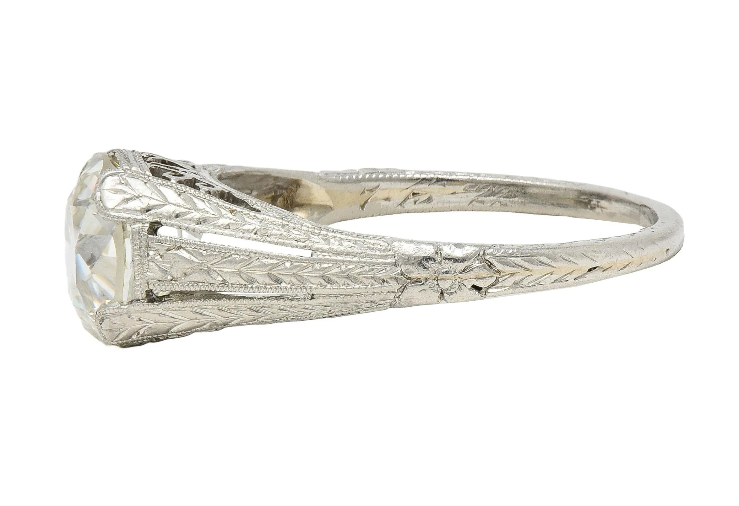 1922 Art Deco 1.79 CTW Old European Diamond Platinum Scrolled Lotus Antique Engagement Ring