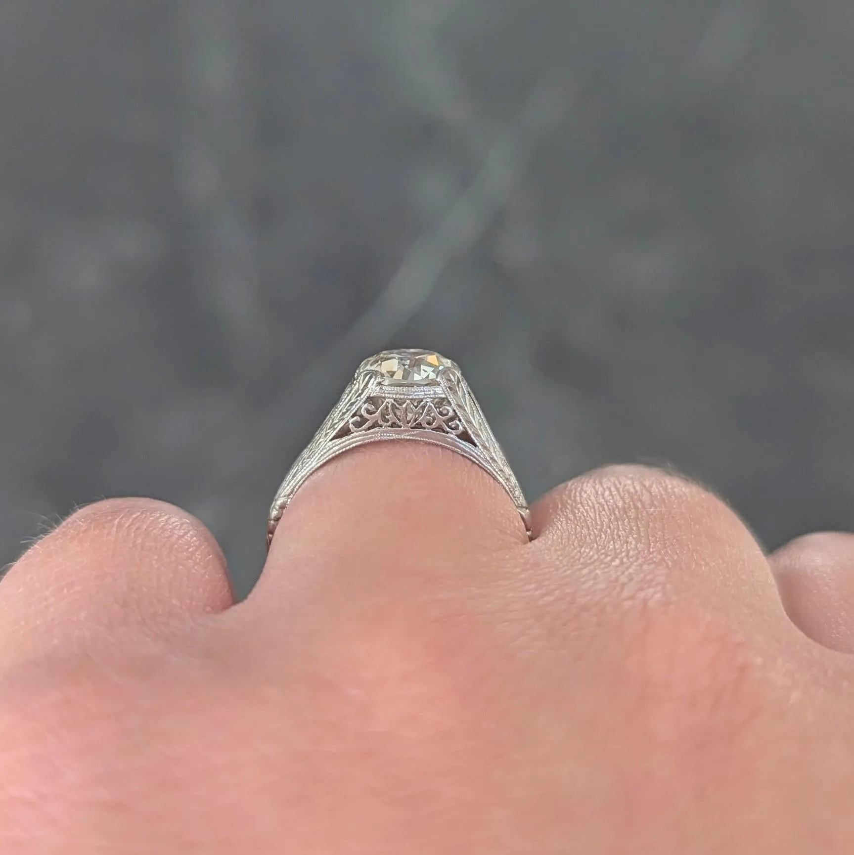 1922 Art Deco 1.79 CTW Old European Diamond Platinum Scrolled Lotus Antique Engagement Ring
