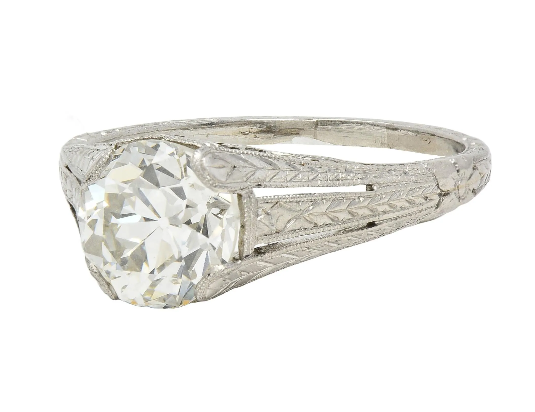 1922 Art Deco 1.79 CTW Old European Diamond Platinum Scrolled Lotus Antique Engagement Ring