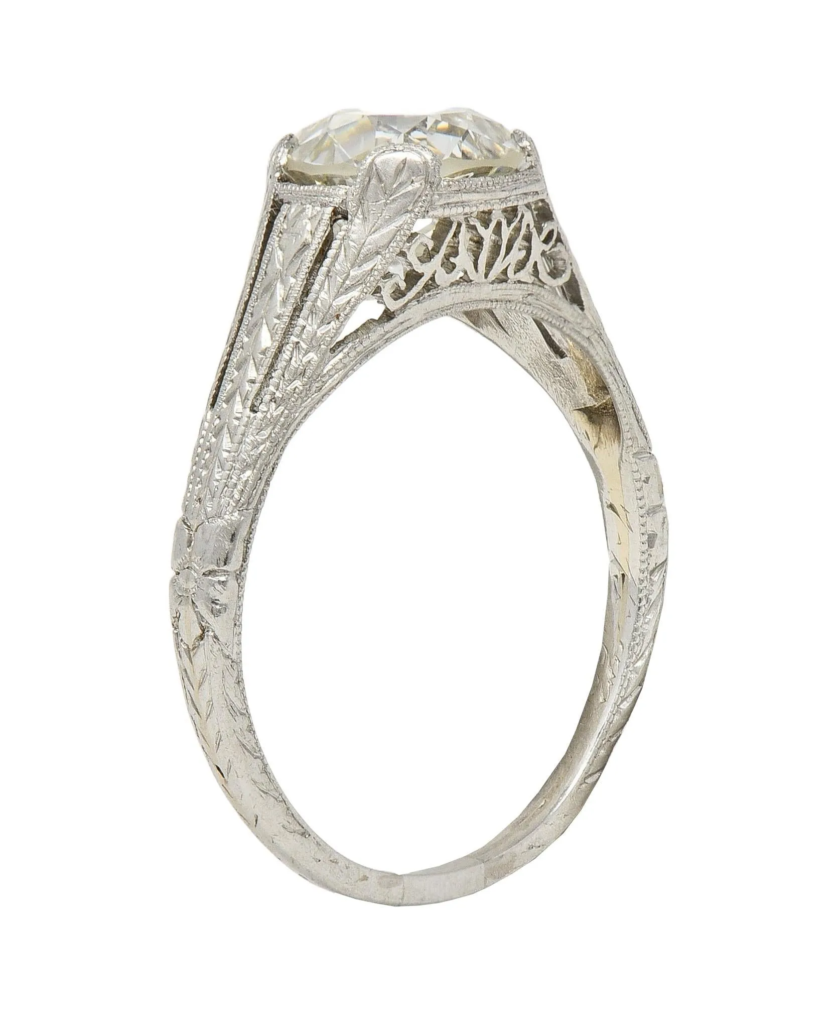 1922 Art Deco 1.79 CTW Old European Diamond Platinum Scrolled Lotus Antique Engagement Ring