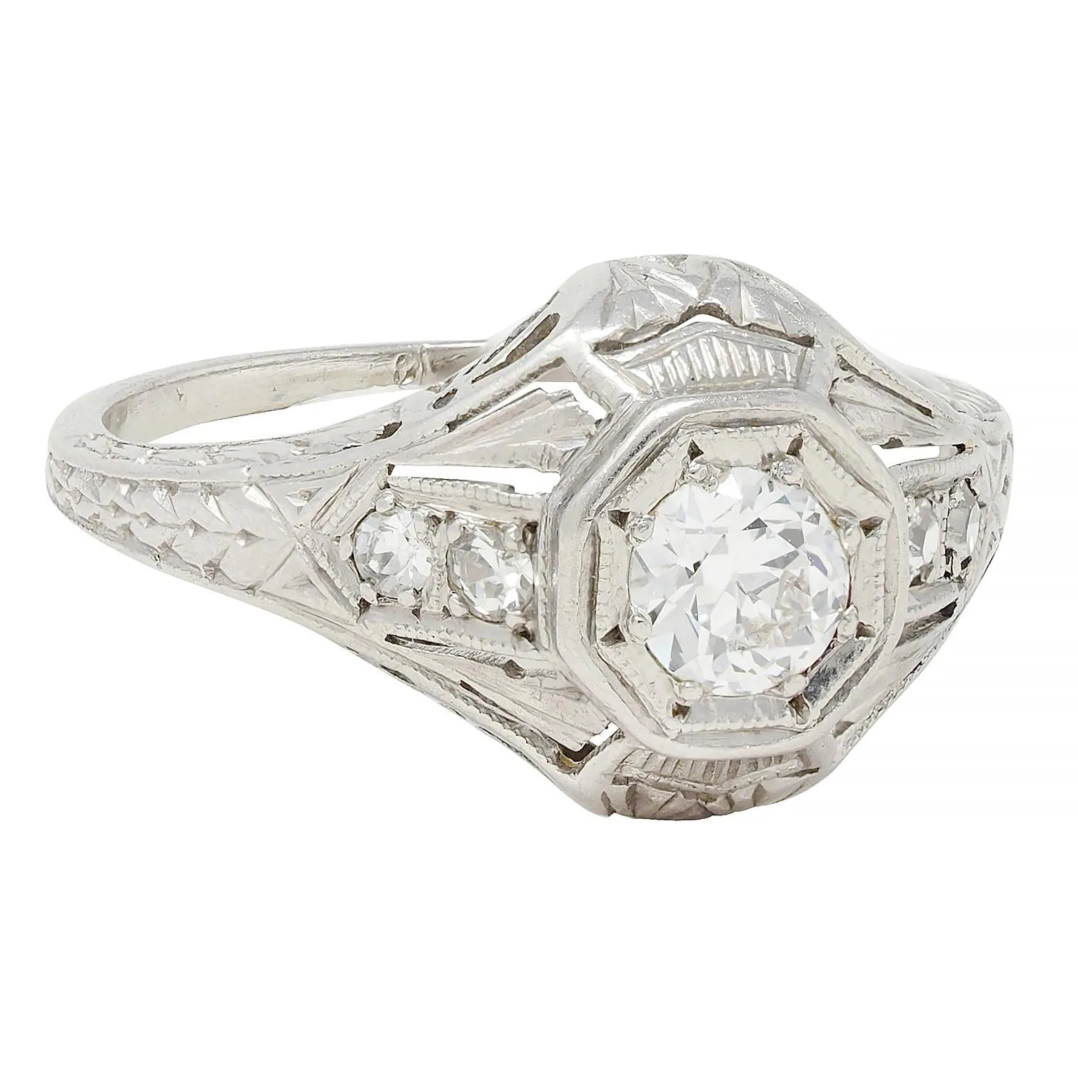 1926 Art Deco 0.38 CTW Old European Diamond Platinum Vintage Starburst Engagement Ring